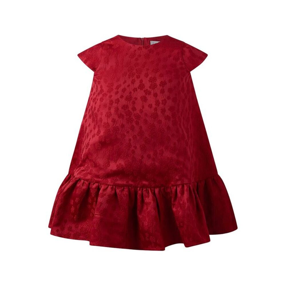 Rachel Riley Girls  Red Petal Damask Drop Hem Dress